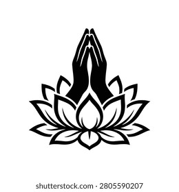 Praying hands emerging from a lotus flower namaste silhouette vector illustration

