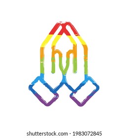 Praying hands, emoji symbol, simple icon. Drawing sign with LGBT style, seven colors of rainbow (red, orange, yellow, green, blue, indigo, violet