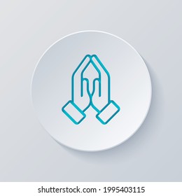 Praying Hands, Emoji Symbol, Simple Icon. Cut Circle With Gray And Blue Layers. Paper Style