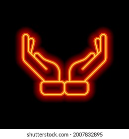 Praying Hands, Emoji Symbol, Simple Icon. Orange Neon Style On Black Background. Light Linear Icon With Editable Stroke