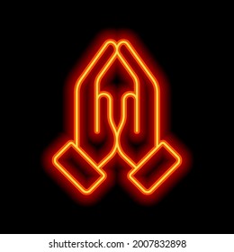 Praying Hands, Emoji Symbol, Simple Icon. Orange Neon Style On Black Background. Light Linear Icon With Editable Stroke