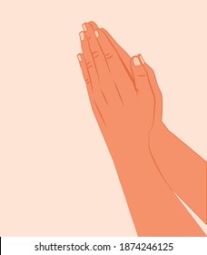 Manos rezando con fe en la religión y la creencia en Dios aisladas en el fondo blanco. Cristo, Mudra, Namaste o Namaskar manos gestos. Ilustración vectorial de oración Manos juntas rezando o rogando