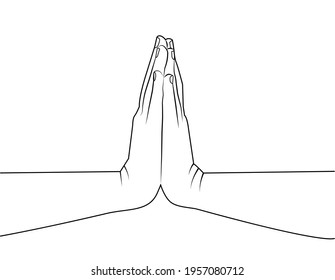 Praying hands with faith in religion and belief in God line drawing. Christ, Mudra, Namaste or Namaskar hands gesture line icon. Prayer outline illustration Hands together praying or beging linear