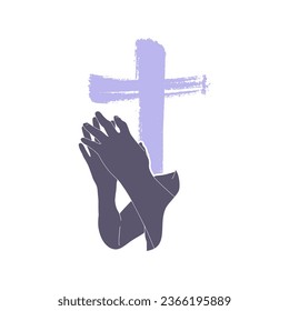 Praying hands with faith in religion and belief in God. Power of hope or love and devotion. Namaste or Namaskar hands gesture. Prayer position. Brush painted cross