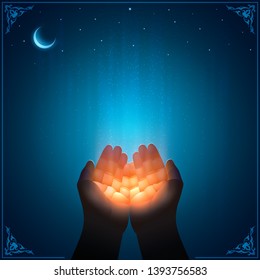 Praying Hands Of The Faithful Muslim Receives God's Grace. Vector Image. First Person View. Blue And Golden Shine Of Divine Light. Islamic Style. Fine Template With A Copy Space For Religious Quotes