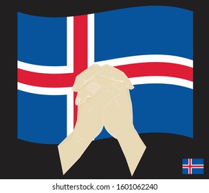 Praying hands with The flag of Iceland, Pray for Iceland concept, Save Iceland, cartoon graphic, vector illustration.