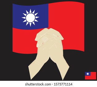 Praying hands with Flag of Taiwan, Pray for taiwan, Save taiwan concept, cartoon graphic, sign symbol background, vector illustration.