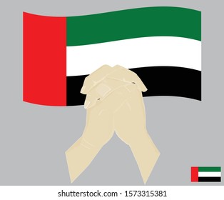 Praying hands with Flag of the United Arab Emirates, Pray for United Arab Emirates, Save UAE, cartoon graphic, sign symbol background, vector illustration.
