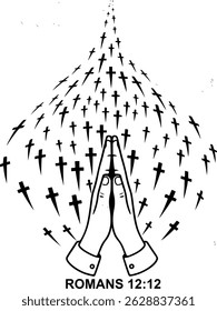 Mãos de oração com cruzes voadoras - Romanos 12:12 Ilustração de vetor de fé cristã inspirada, poder de oração