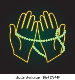 Praying hands with green rosary beads (Tasbih) neon icon. Element of Islamic Religion set. Can be used for websites, web design, mobile app and more