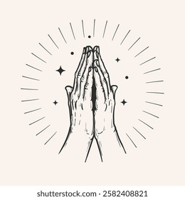 Praying hands. Hand drawn sketch style. Religious spiritual symbol. Vector illustration in retro vintage style.