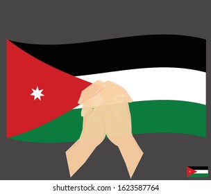 Praying hands with the Hashemite Kingdom of Jordan National Flag, Pray for Jordan concept, Save jordan, cartoon graphic, sign symbol background, vector illustration.