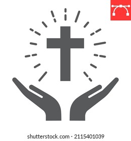 Praying hands holding cross glyph icon, christian and prayer, hands holding cross vector icon, vector graphics, editable stroke solid sign, eps 10.