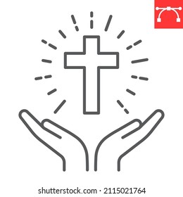Praying hands holding cross line icon, christian and prayer, hands holding cross vector icon, vector graphics, editable stroke outline sign, eps 10.
