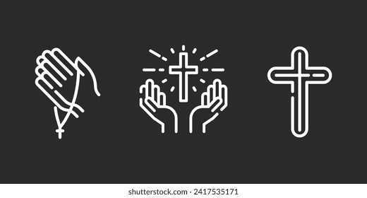 Praying hands holding cross line icon, christian and prayer, hands holding cross vector icon, vector graphics, editable stroke outline sign, eps 10.