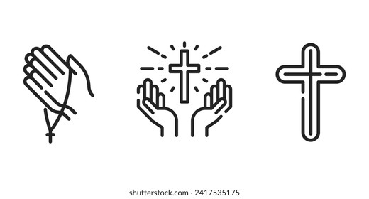 Praying hands holding cross line icon, christian and prayer, hands holding cross vector icon, vector graphics, editable stroke outline sign, eps 10.