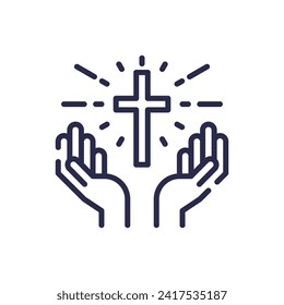 Praying hands holding cross line icon, christian and prayer, hands holding cross vector icon, vector graphics, editable stroke outline sign, eps 10.