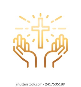Manos rezando con un icono de fondo, cristiano y rezo, manos con icono de vector cruzado, gráficos vectoriales, símbolo de contorno de trazo editable, eps 10.