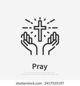 Praying hands holding cross line icon, christian and prayer, hands holding cross vector icon, vector graphics, editable stroke outline sign, eps 10.