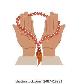 praying hands holding islamic misbaha isolated