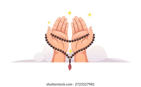 Manos de oración sosteniendo cuentas de oración aisladas sobre fondo blanco.