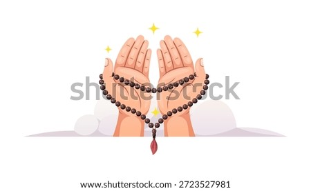 Praying hands holding prayer beads isolated on white background.