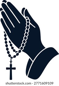 Praying Hands Holding Rosary Beads with Cross Silhouette