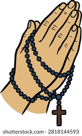 Praying hands holding a rosary with a cross illustration offers a visual representation of faith and devotion