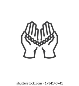 Praying hands holding Rosary (Tasbih) line icon. linear style sign for mobile concept and web design. Hands with rosary beads outline vector icon. Symbol, logo illustration. Vector graphics svg