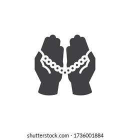 Praying hands holding Rosary (Tasbih) vector icon. filled flat sign for mobile concept and web design. Hands with rosary beads glyph icon. Symbol, logo illustration. Vector graphics