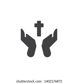 Praying hands with holy cross vector icon. filled flat sign for mobile concept and web design. Faith in God glyph icon. Christianity religion symbol, logo illustration. Vector graphics