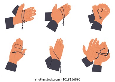 Praying hands with holy rosary beads set. Vector flat illustration isolated on a white background.