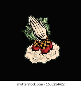 praying hands with hope, praying hands illustration, money illustration, isolated vector illustration, editable vector graphic