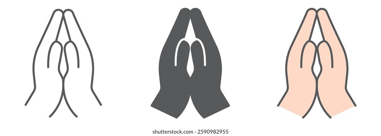 Praying hands icon collection, religion and namaste, hands folded in prayer vector icon set, vector graphics, editable stroke outline sign, eps 10
