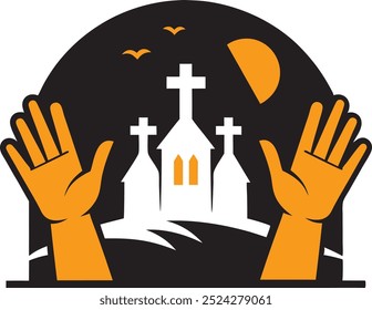 Ícone de mãos rezando emergindo de Grave - Halloween e logotipo da Igreja