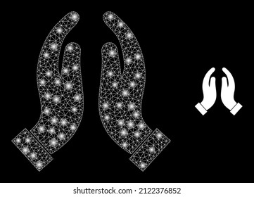 Praying hands icon and glare mesh net praying hands model with bright spots. Illuminated model is created from praying hands vector icon and triangulated mesh. Bright carcass praying hands,