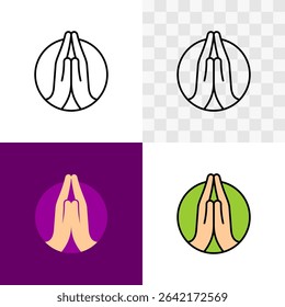 Praying hands icon line illustration in various styles. Two hands of religious prayer. Sorry symbol. Editable stroke.