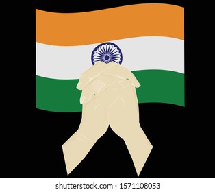 Praying hands with Indian flag, Pray for Bharat or India, Save India concept, cartoon graphic, sight symbol background, vector illustration.