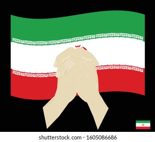 Praying hands with the Islamic Republic of Iran National Flag, Pray for Iran concept, Save Iran, cartoon graphic, sign symbol background, vector illustration.