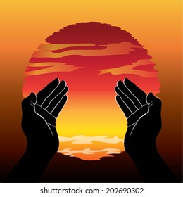 Praying with hands isolated on dusk background. Vector, illustration.