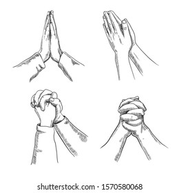 Praying hands isolated on a white background. Vector stock illustration set of hands during prayer. Hand drawn image of people in the church. Collection in minimalism drawing style. 