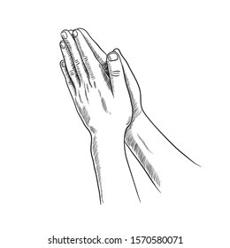 Praying hands isolated on a white background. Vector stock illustration of hands during prayer. Hand drawn image. 