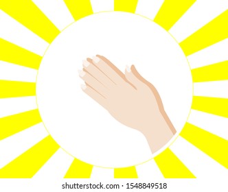 Praying hands. Isolated on yellow starburst in white background. Vector Illustration. Idea for religion, holy spiritual, hope and peace.