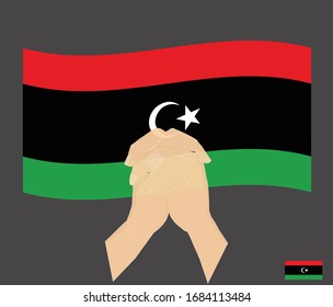 Manos rezando con la bandera nacional de Libia, Rezar por Libia, el concepto de Salvar a los libios, gráficos de dibujos animados, fondo de símbolos, ilustración vectorial.