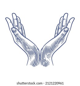 Praying hands line art drawing illustration. Hand drawn hands in praying position. Praying hands