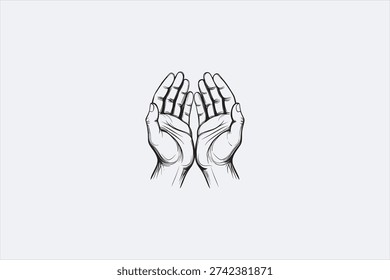 Praying hands line art illustration, black and white outline, religious faith concept, prayer, worship, hope, charity, spiritual symbol, minimalist hand drawing. Vector illustration.