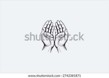 Praying hands line art illustration, black and white outline, religious faith concept, prayer, worship, hope, charity, spiritual symbol, minimalist hand drawing. Vector illustration.