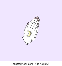 Praying hands. Line drawing doodle comics catoon style illustration. Editable vector art