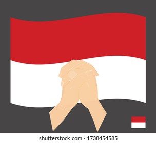 Praying hands with Monaco National Flag, Pray for Monaco, Save Monacan People concept, cartoon graphic, sign symbol background, vector illustration.