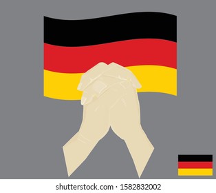 Praying hands with National flag of Germany or German flag, Pray for germany, Save Deutschlands, cartoon graphic, sign symbol background, vector illustration.